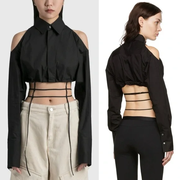 Nensi Dojaka Cold Shoulder Cut Out Cropped Poplin Shirt Size Medium - Picture 2 of 7